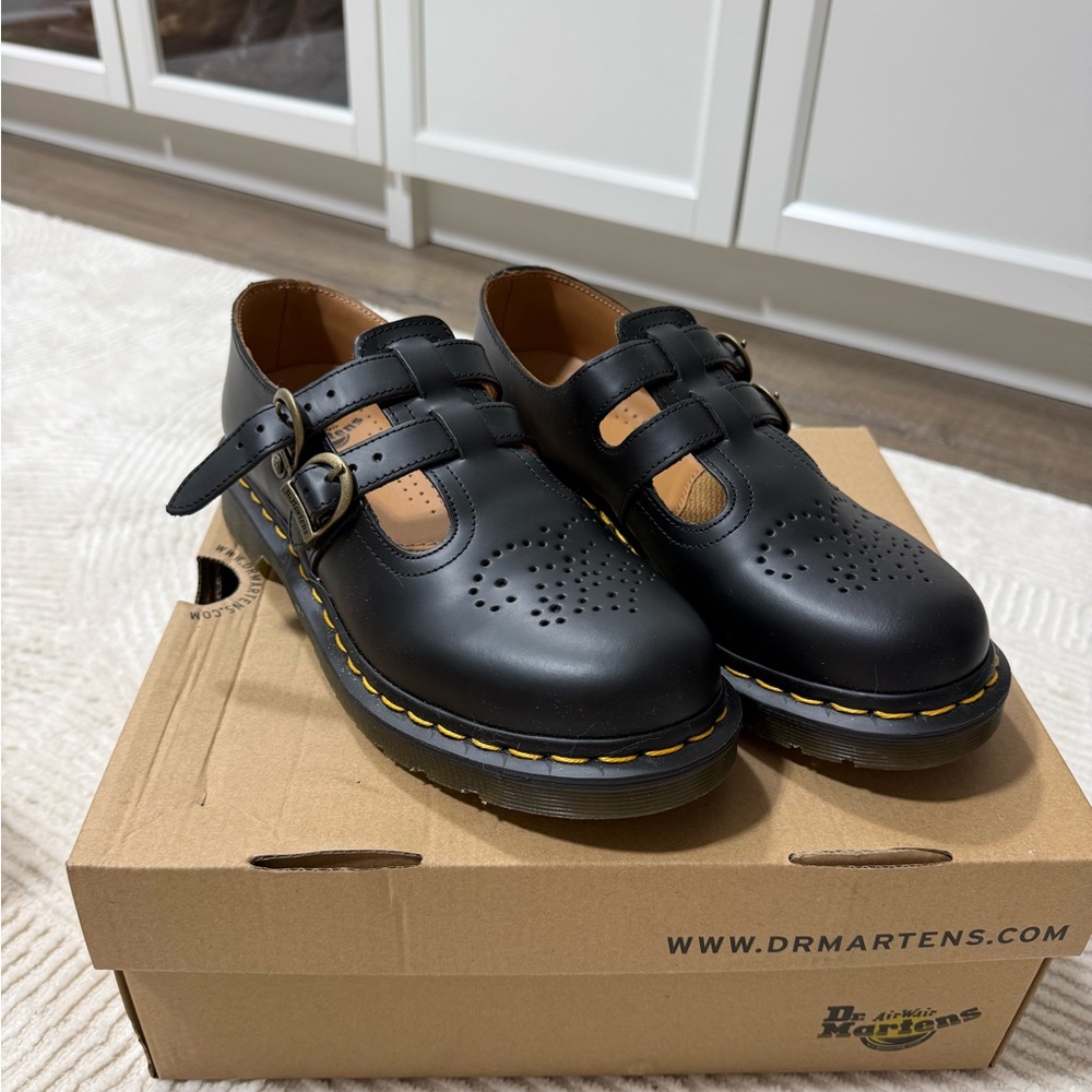 Dr. Martens Black Mary Jane Shoes with Yellow Stitching